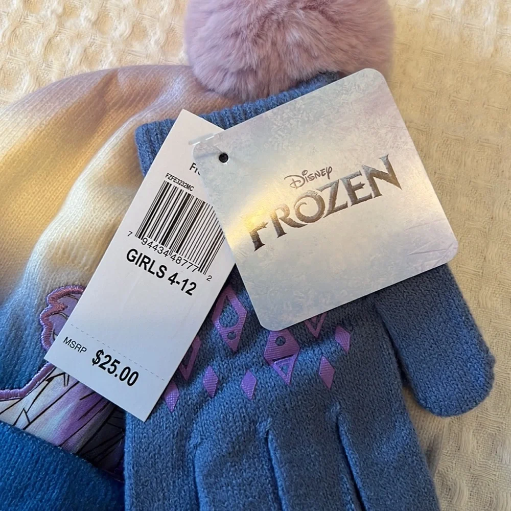 Disney Frozen Girls Cuff Pom Beanie and Gloves Set New With Tags
